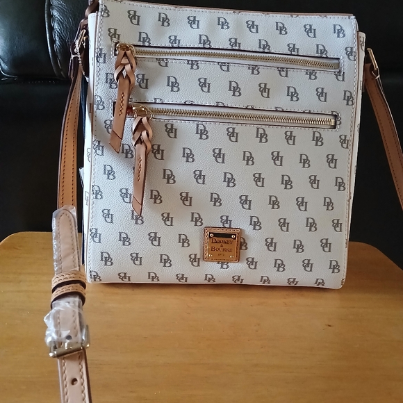 Dooney & Bourke Handbags - Dooney & Bourke Triple Zip, Tan and White Monogram Crossbody Bag